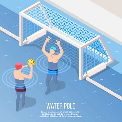 Water polo isometric background with sportsman during throw of ball to gate in swimming pool vector illustration