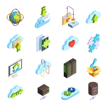 Cloud computing service isometric icons set with data folders connection sharing configuration apps symbols isolated vector illustration