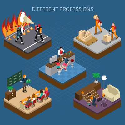 Professions uniform isometric people composition with views of occupational situations of different people with text caption vector illustration