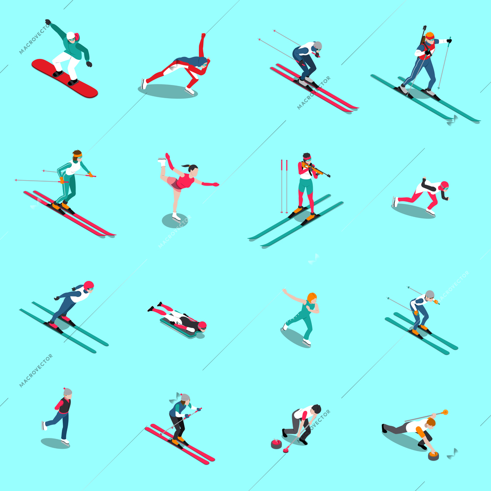 Winter sport isometric people set of isolated human figures of athletes in uniform with appropriate outfit vector illustration