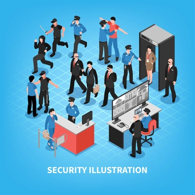 Security system composition with bodyguards, officers, criminals, access control, video surveillance on blue background isometric vector illustration