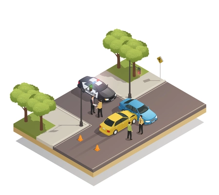 Road collision at intersection isometric composition with cars involved in traffic accident and police vehicle vector illustration