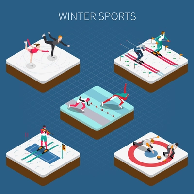 Winter sport isometric people composition with olympic athletes in sportswear doing different kinds of sport vector illustration