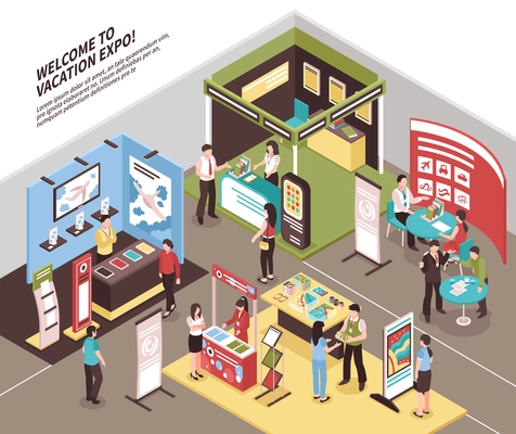 Isometric expo stand exhibition illustration with view of exhibit area with booth for different tour agencies vector illustration