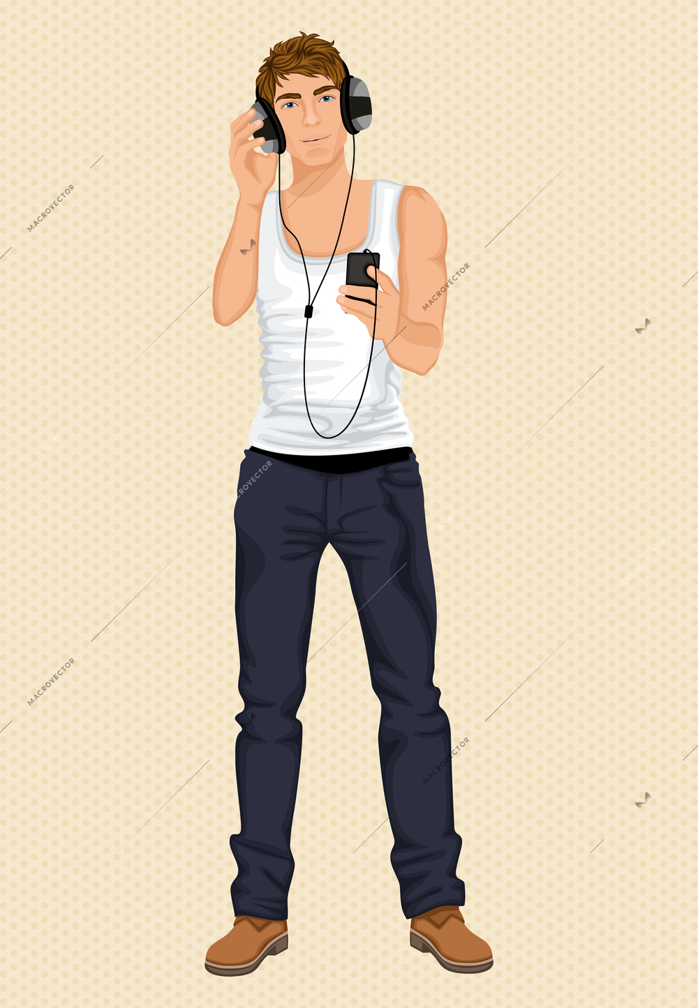 Young sexy attractive dark haired man in white singlet with headphones listening music vector illustration