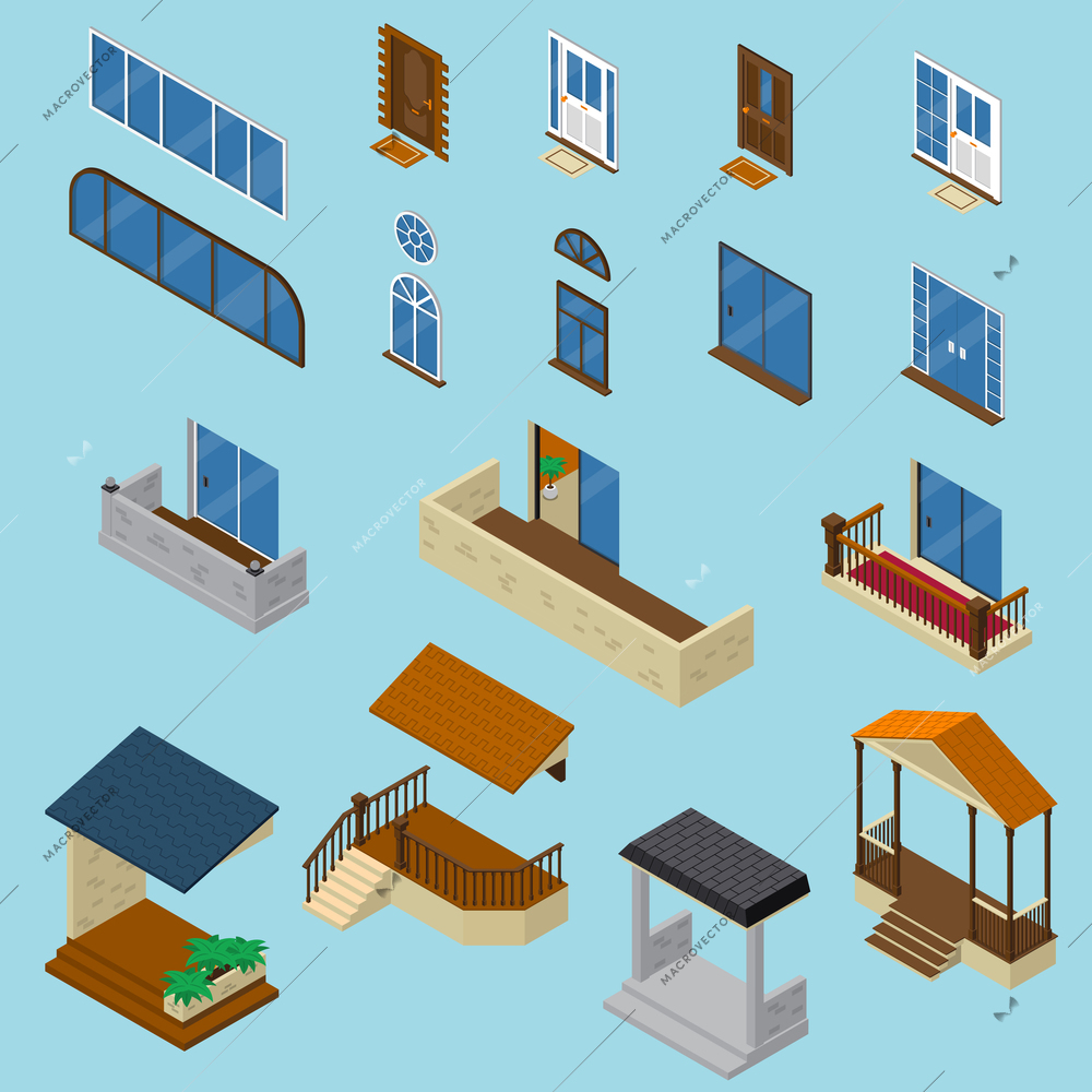 Isometric house constructor elements collection with isolated images of glossy windows doors balcony and stoop vector illustration