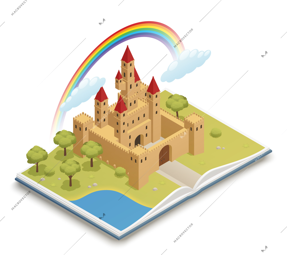 Fairy tales open book with 3d medieval castle rainbow orchard and pond isometric composition vector illustration