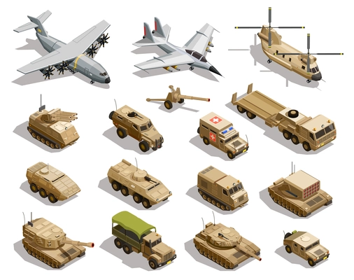 Army transport isometric icons collection with cargo aircraft helicopter fleet fighter tanks military vehicles isolated vector illustration