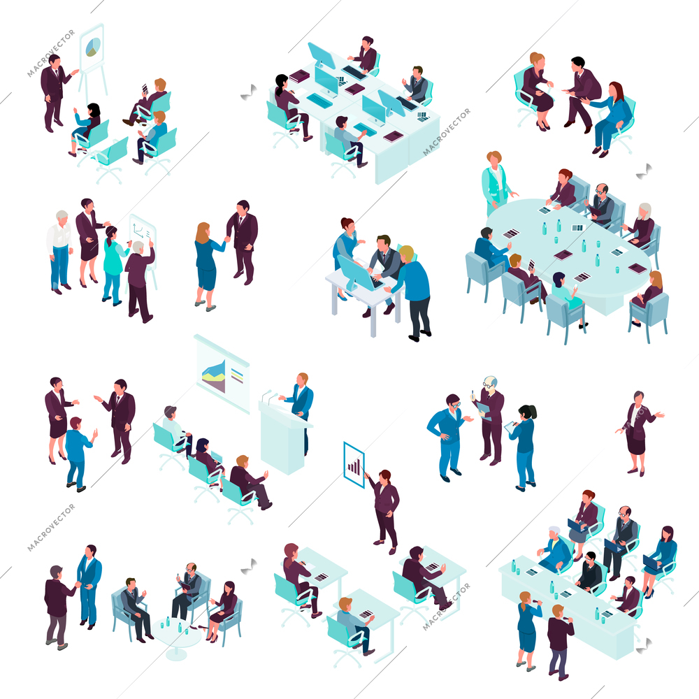 Business education isometric set with coaches training people individually and in groups isolated vector illustration