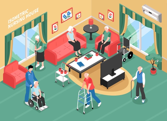 Nursing home interior with staff, elderly people in wheelchair, with walkers or cane isometric vector illustration