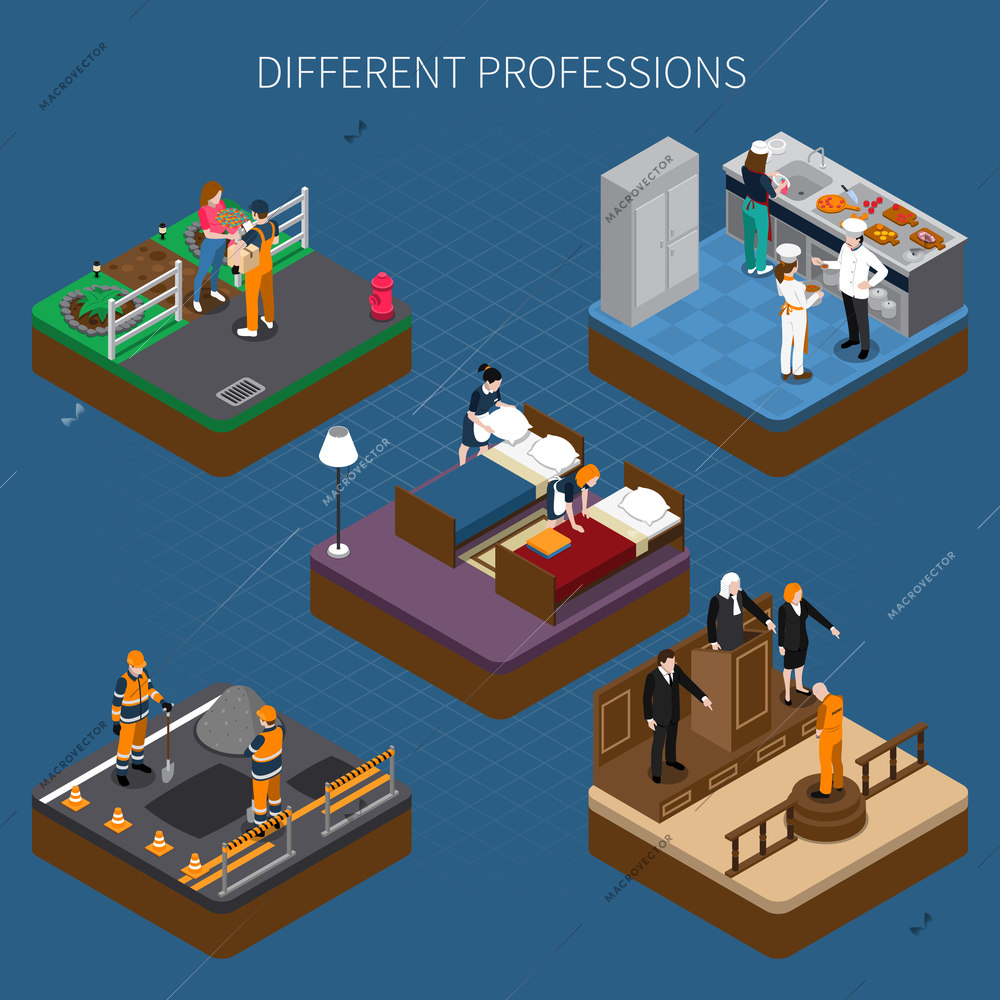 Professions uniform isometric people composition with figures of people in utility clothes working at different places vector illustration