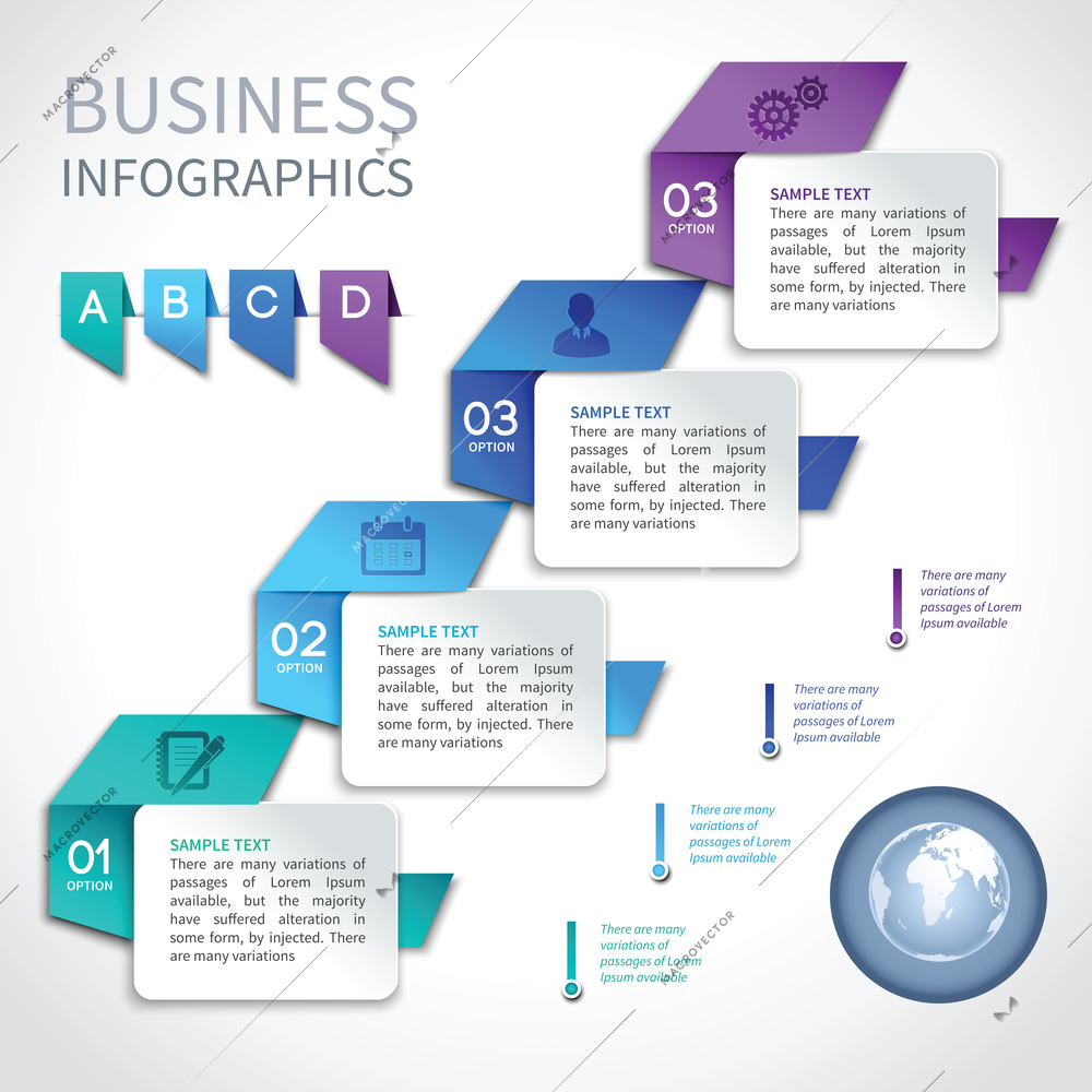 Origami infographics business template with globe and ribbon elements vector illustration