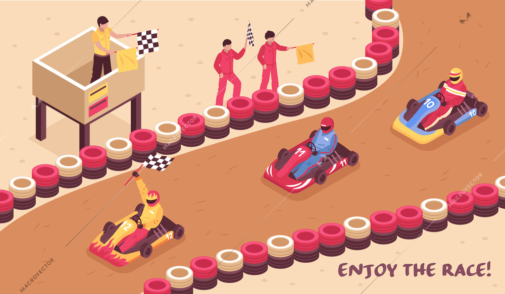 Isometric carting horizontal composition with view of race track racing drivers on carts and finish flags vector illustration