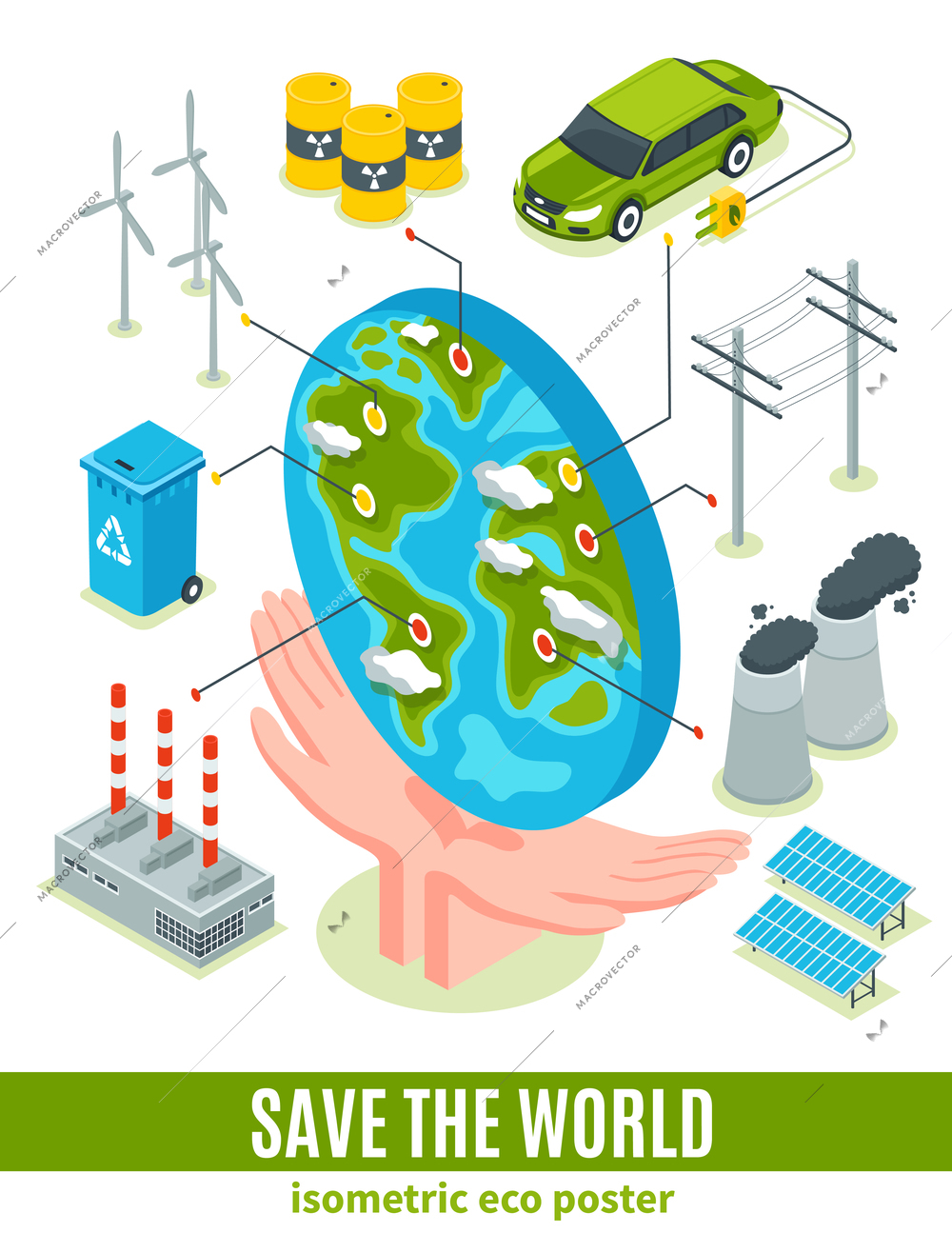 Isometric ecology poster composition with human hands holding globe and images for energy sources and sink vector illustration