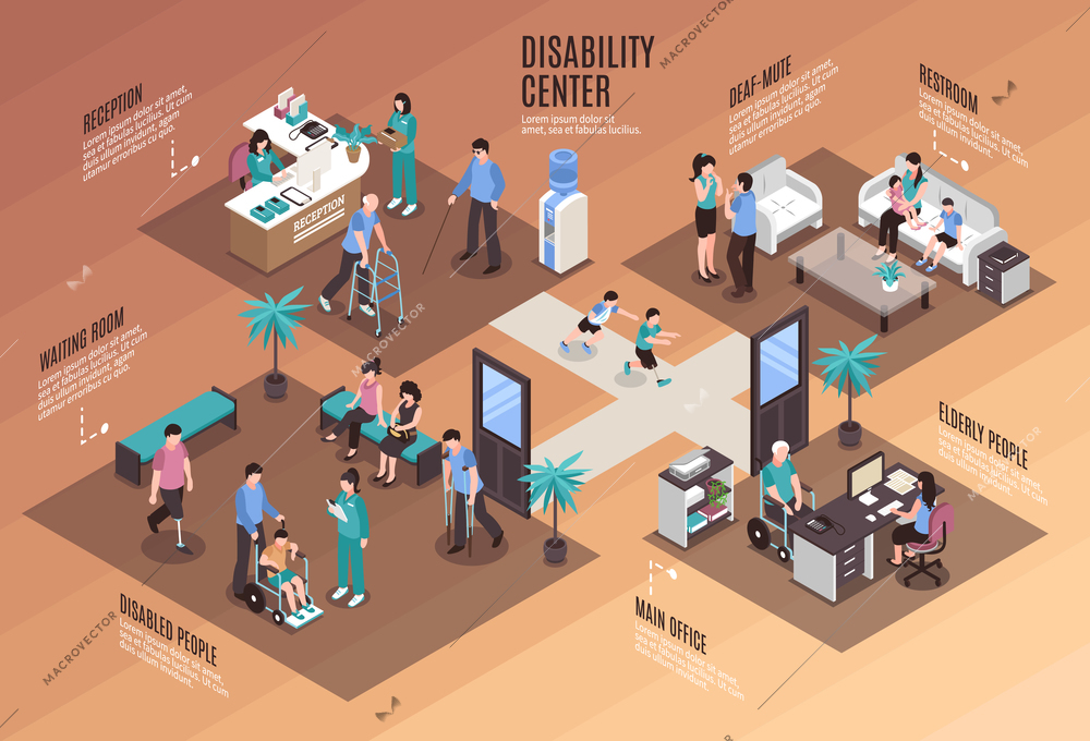 Disabled people horizontal composition with editable text captions and views of different day centre rooms vector illustration