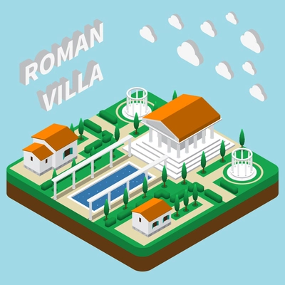 Isometric house composition with cumbersome clouds text and images of pantheon style buildings with park grounds vector illustration