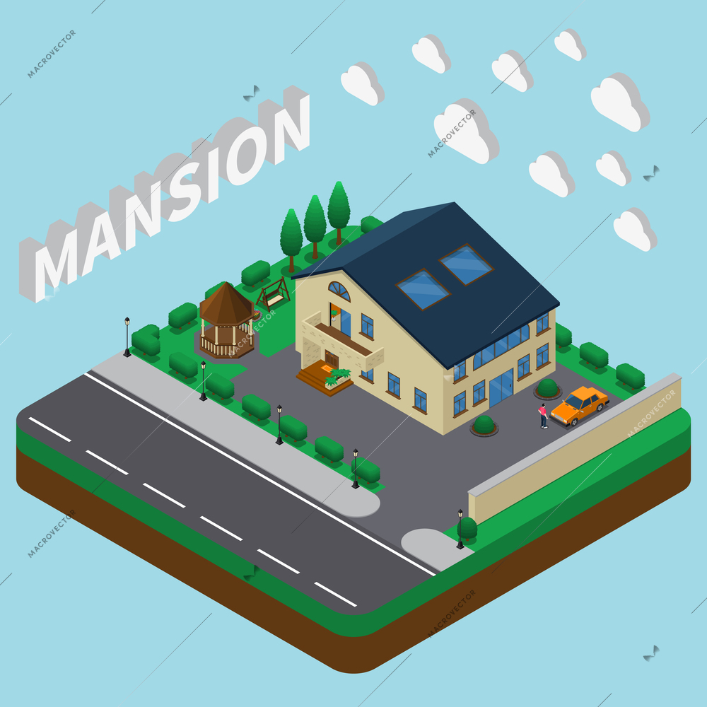 Isometric house composition with 3d images of clouds and cottage building with garden house trees and cars vector illustration