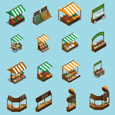 Farm local market isometric collection with isolated images of stalls with tents products and sign plates vector illustration