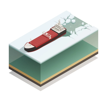Icebreaker ship afloat breaking ice with thick water layer beneath vessel isometric model composition vector illustration