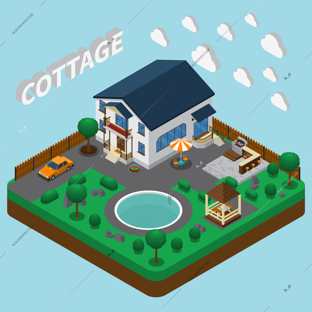Isometric house composition with images of two-story cottage building and adjacent territory with round pool vector illustration