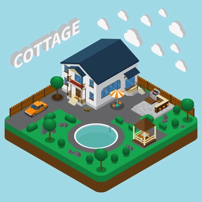 Isometric house composition with images of two-story cottage building and adjacent territory with round pool vector illustration