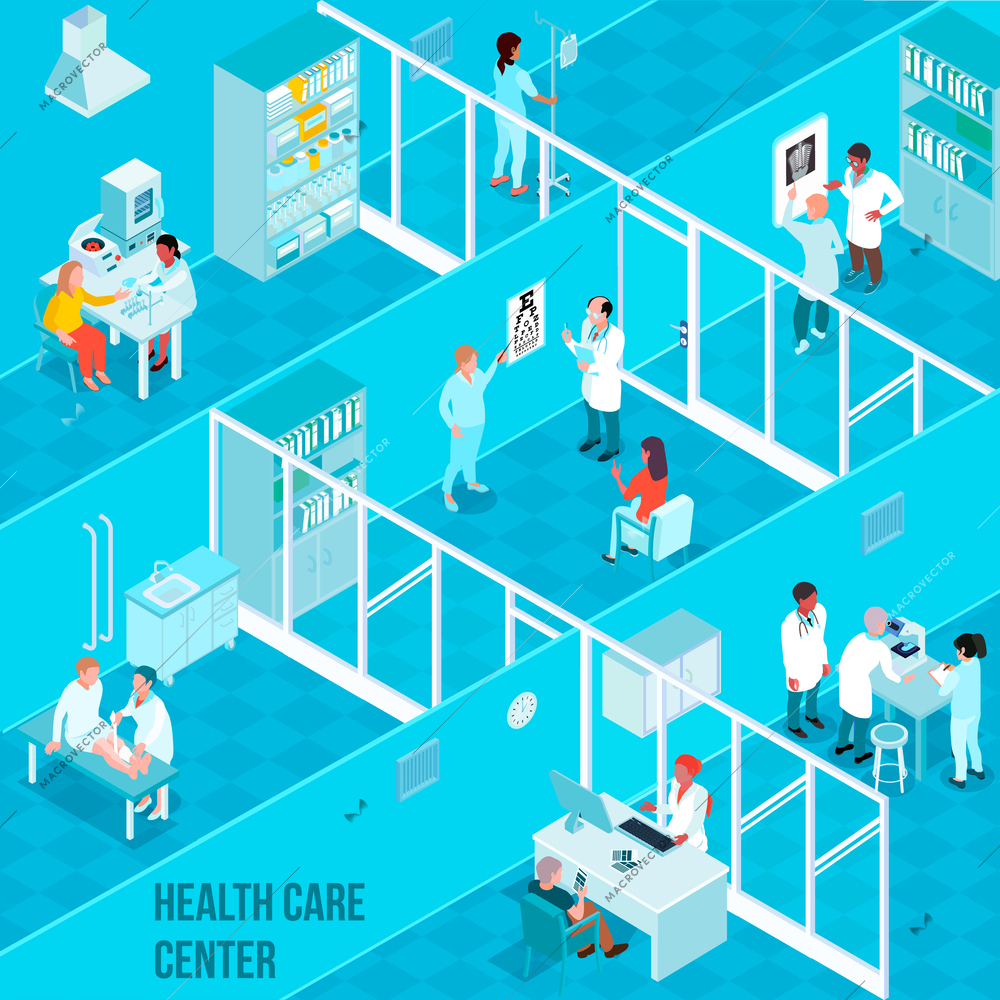 Health care center isometric vector illustration with doctors nurses and patients in clinic interior needing in medical help