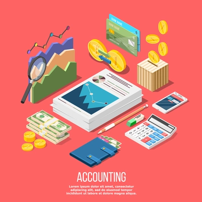 Isometric accounting composition with isolated images of accountant workspace elements money coins and financial stock graphs vector illustration