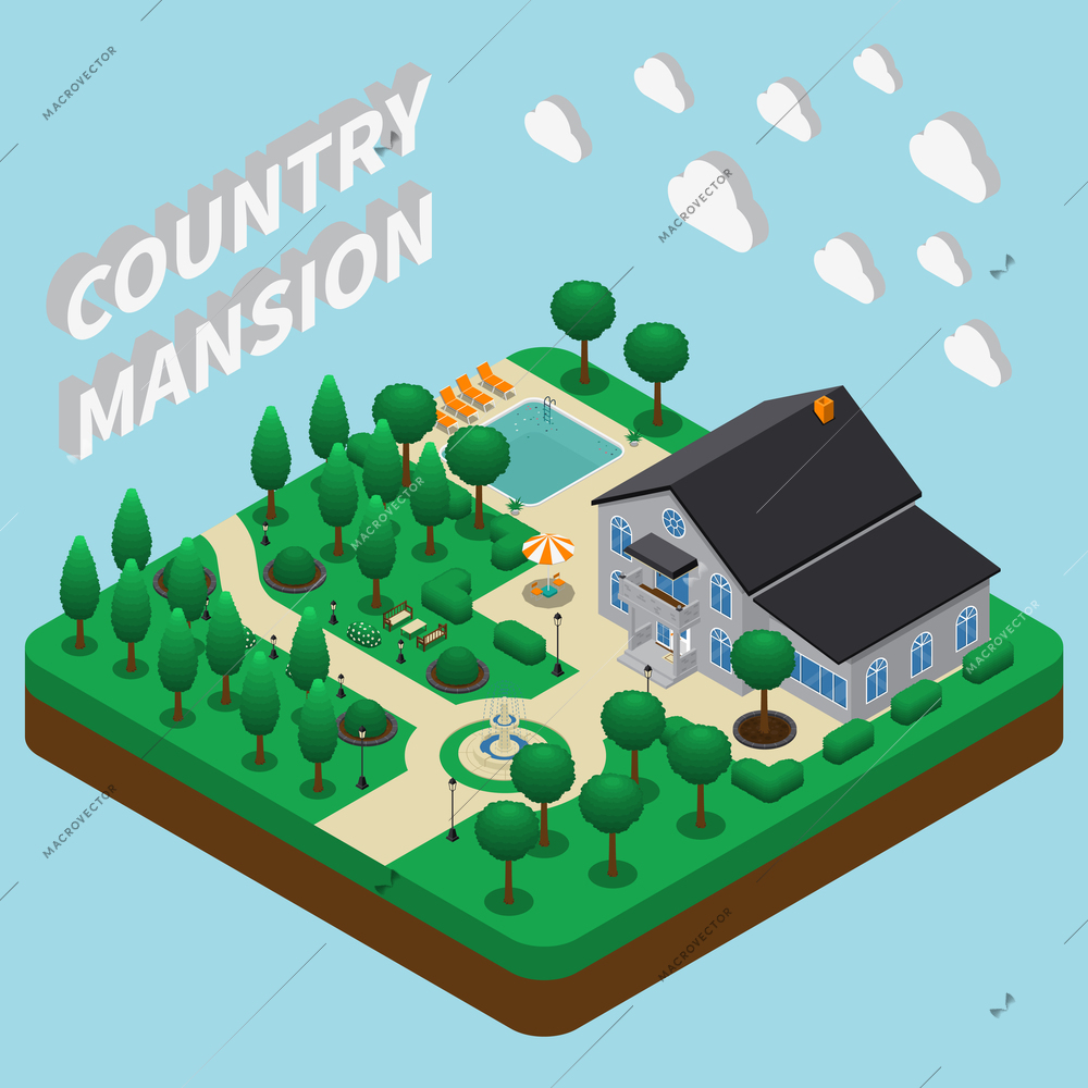 Isometric house composition with text and view of garden with pool and summer holiday home building vector illustration