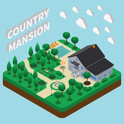 Isometric house composition with text and view of garden with pool and summer holiday home building vector illustration