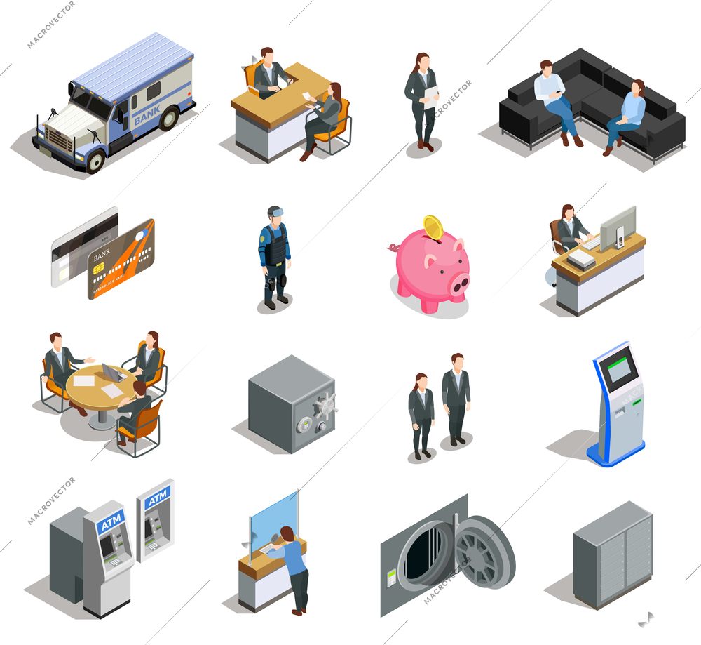 Bank isometric elements collection with customer service financial analyst bookkeeper credit card armored truck  isolated vector illustration