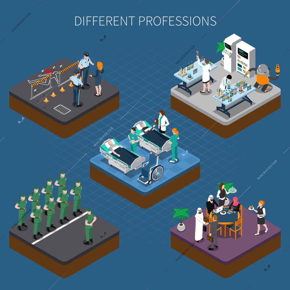 Professions uniform isometric people composition with images of human characters in detail clothing doing their job vector illustration