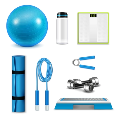Fetness realistic set with ball water bottle and mat isolated vector illustration