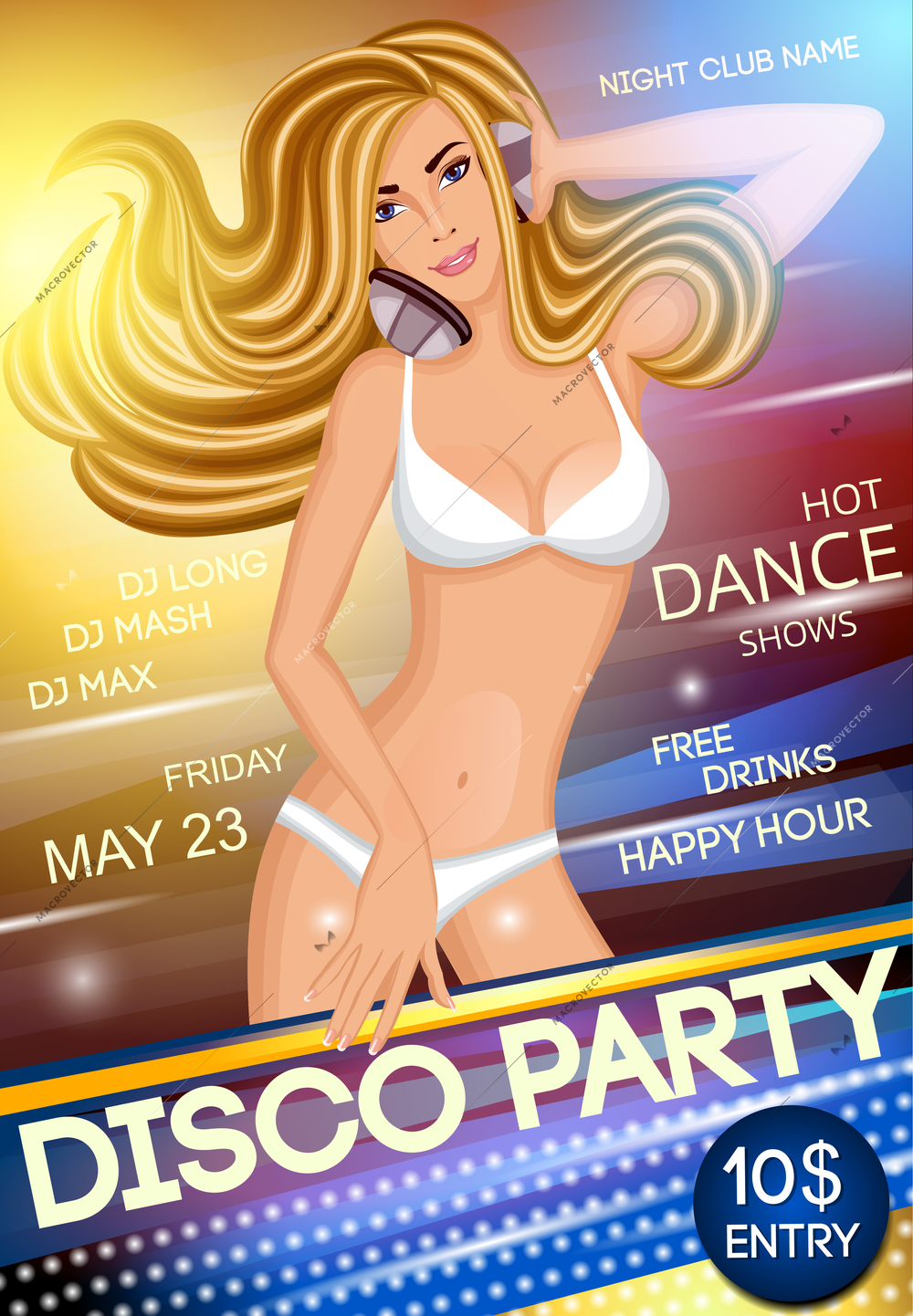 Nightlife disco music party sexy blond long haired girl in white bikini with headphones poster vector illustration