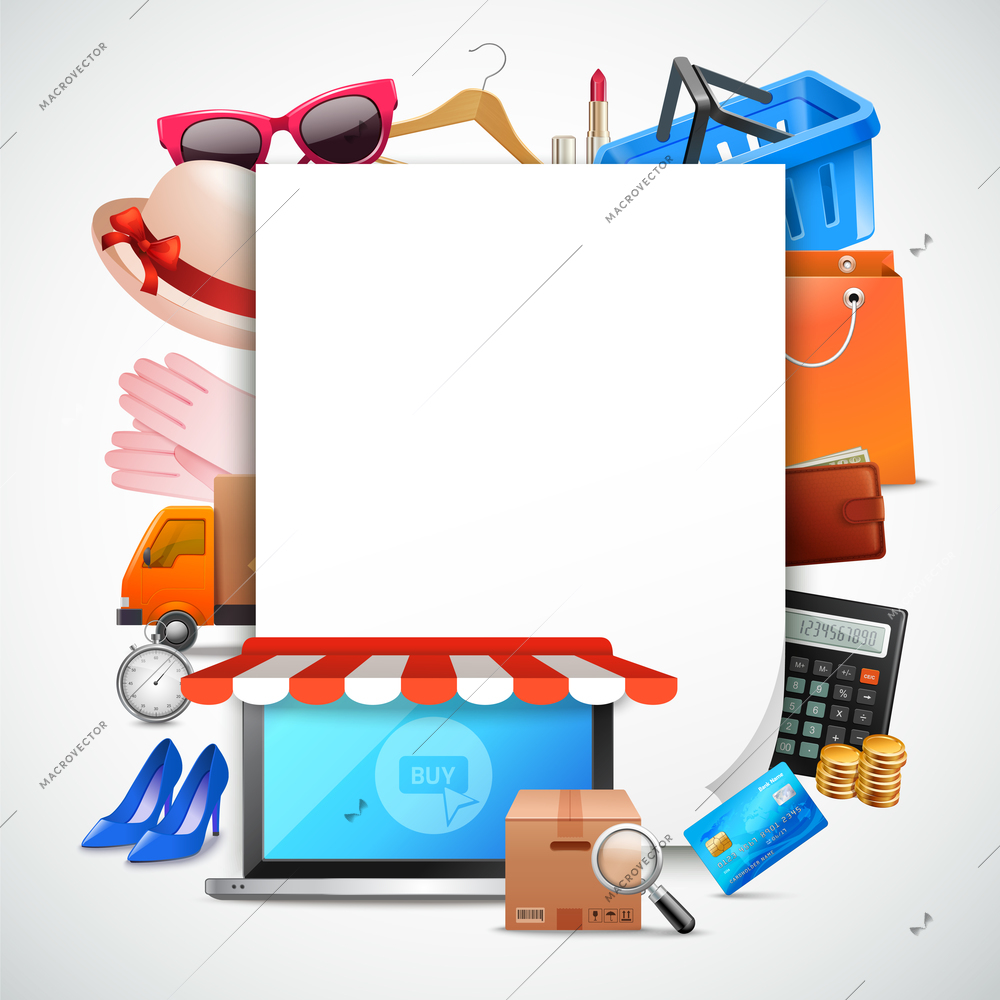 Online shopping realistic images composition with piece of paper surrounded by various items on sale vector illustration