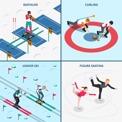 Winter sport isometric people 2x2 design concept with human characters of athletes in sportswear with text vector illustration