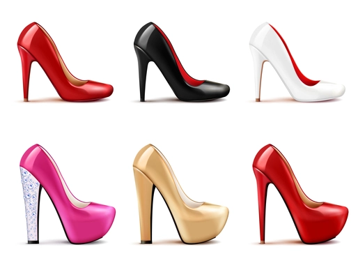 Women shoes realistic set in different colors isolated vector illustration