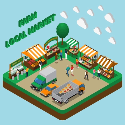 Farm local market isometric composition with village fairground tent stalls with organic products cars and trucks vector illustration
