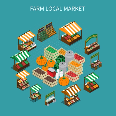 Farm local market isometric composition with images of stall tents and boxes filled with vegetables vector illustration