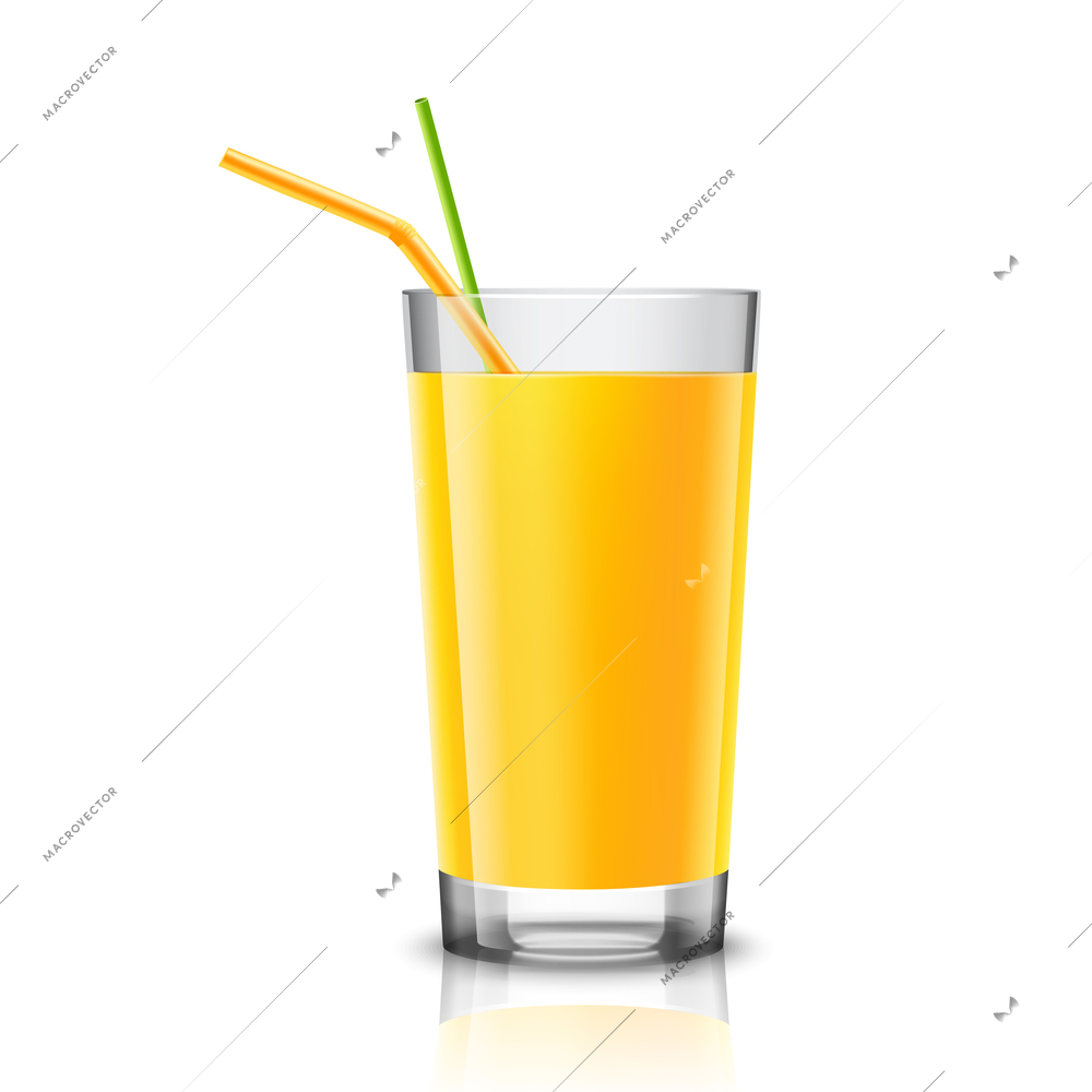 Realistic glass full of orange juice drink with cocktail straw isolated on white background vector illustration