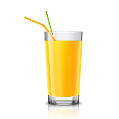 Realistic glass full of orange juice drink with cocktail straw isolated on white background vector illustration