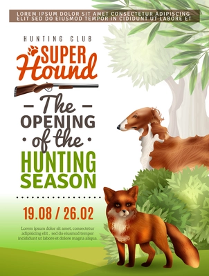 Opening of season in hunting club information poster with fox and greyhound, bushes and trees vector illustration