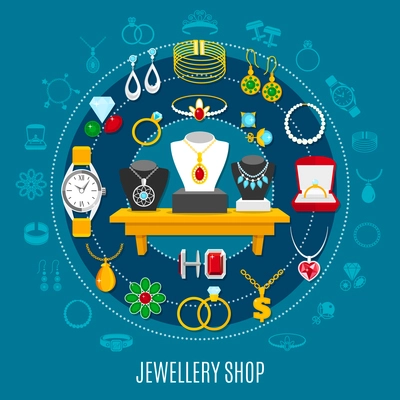 Jewelry shop round composition with female and male decorations including hand watch on blue background vector illustration