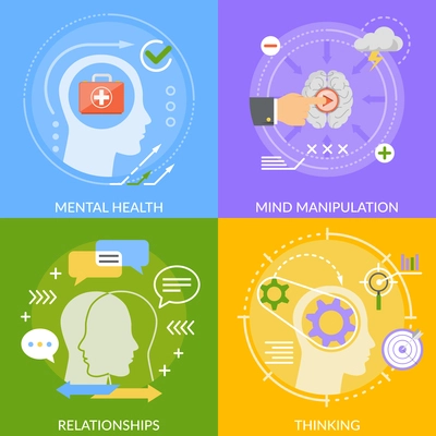 Mental concept flat design with mind manipulation, relationships, thinking, psychological health isolated on color background vector illustration