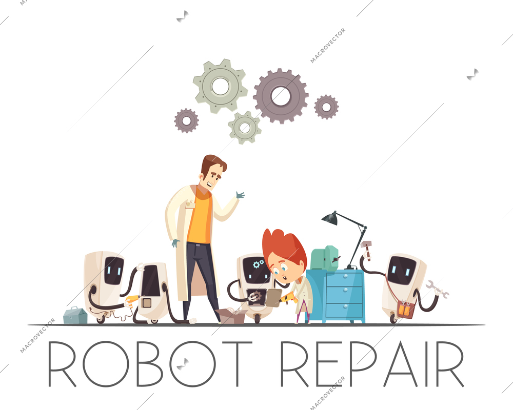 Robot-human teamwork repair cartoon composition with men cooperate with mobile autonomic robotic assistance vector illustration