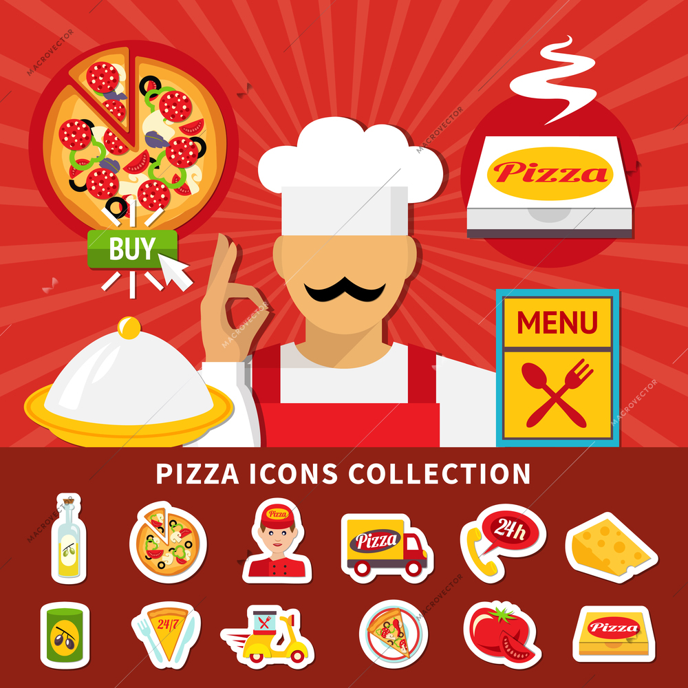 Pizza icon set with isolated emoji style images of pizzeria menu items with ingredients and cook vector illustration