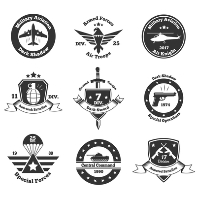 Set of nine isolated monochrome military emblems with images of war transport weapons text and symbols vector illustration