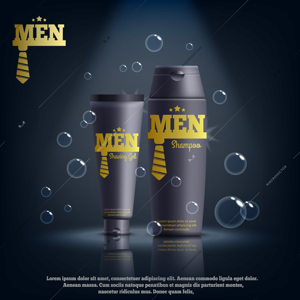 Male cosmetics including shaving gel, shampoo in yellow black packaging realistic composition with brand identity vector illustration