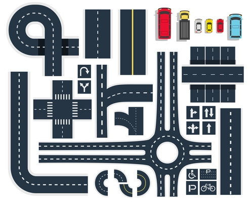 Black white traffic roads intersections elements top view with signboards and colorful vehicles icons set vector illustration