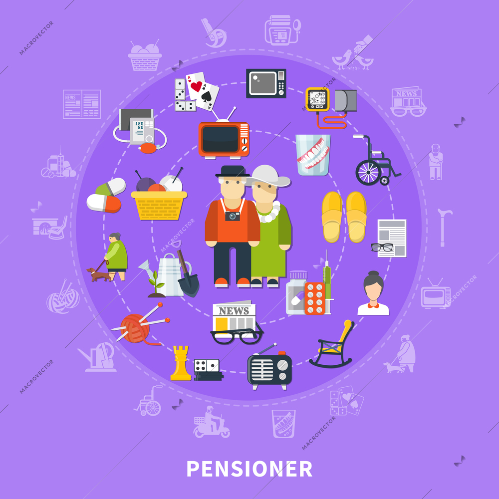 Flat pensioner colored concept with icon set combined in big circle and elderly couple in the center vector illustration