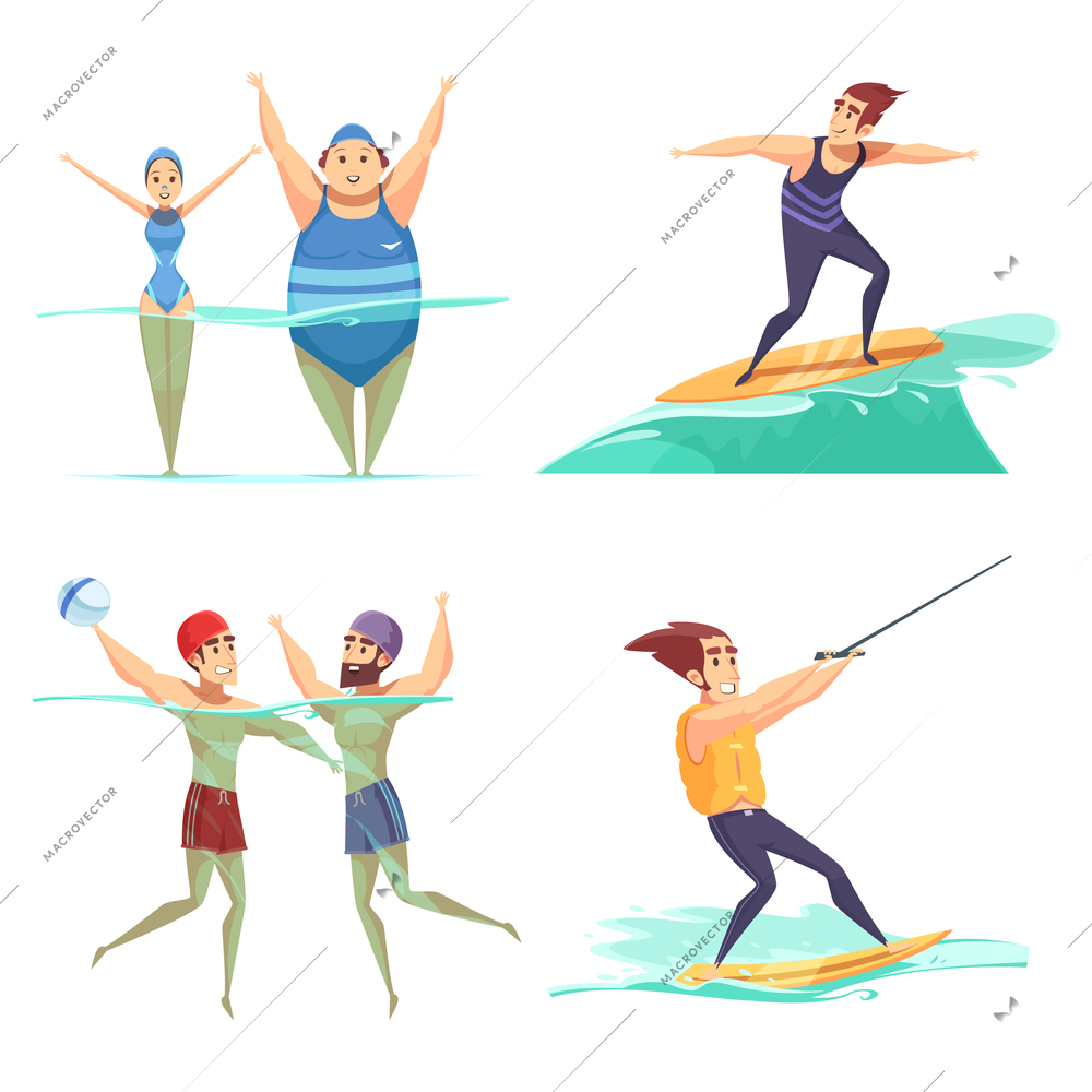 People doing water sports 2x2 cartoon design concept isolated on white background vector illustration
